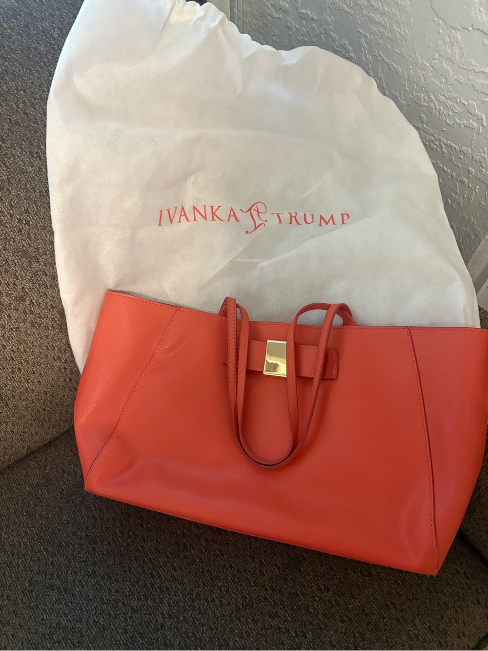 Ivanka Trump Coral-Orange Leather Tote with Gold Accent